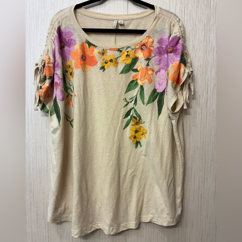 Cato Floral Linen‎ Blend Top Size 26/28W Draw String Detail Sleeve
